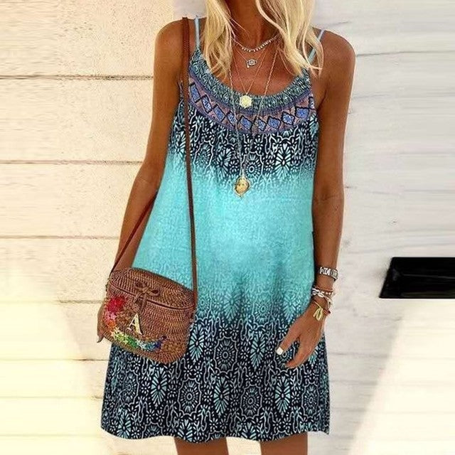 2022 Summer Vintage Printed Women Dress Spaghetti Strap Sundress Loose Sleeveless O-neck Mini Beach Dresses Female Vestidos