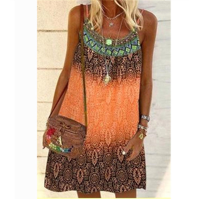 2022 Summer Vintage Printed Women Dress Spaghetti Strap Sundress Loose Sleeveless O-neck Mini Beach Dresses Female Vestidos