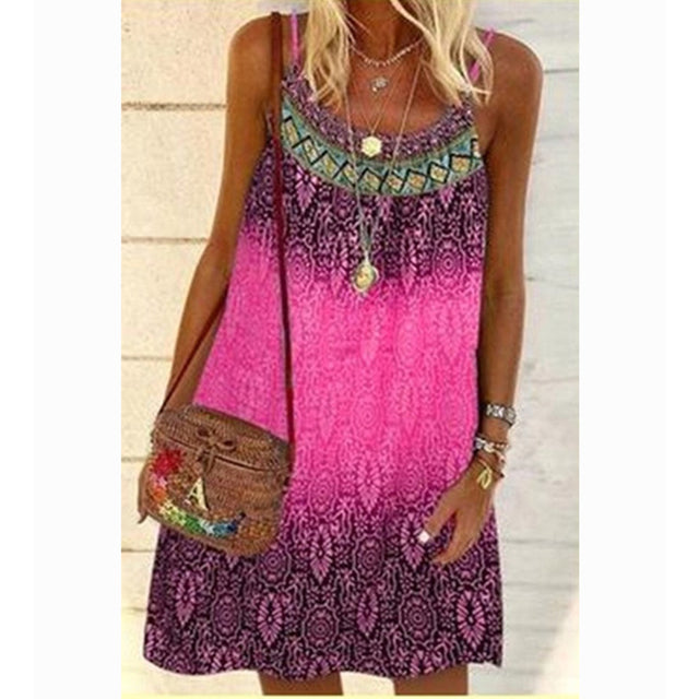 2022 Summer Vintage Printed Women Dress Spaghetti Strap Sundress Loose Sleeveless O-neck Mini Beach Dresses Female Vestidos