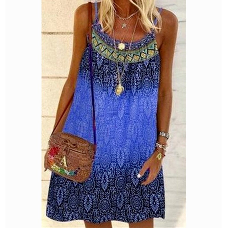 2022 Summer Vintage Printed Women Dress Spaghetti Strap Sundress Loose Sleeveless O-neck Mini Beach Dresses Female Vestidos