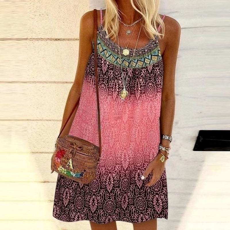 2022 Summer Vintage Printed Women Dress Spaghetti Strap Sundress Loose Sleeveless O-neck Mini Beach Dresses Female Vestidos