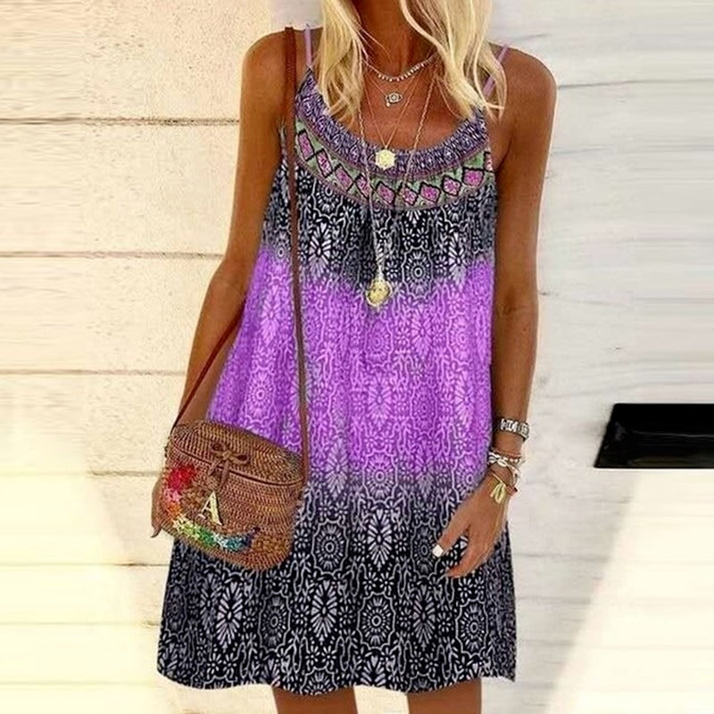 2022 Summer Vintage Printed Women Dress Spaghetti Strap Sundress Loose Sleeveless O-neck Mini Beach Dresses Female Vestidos