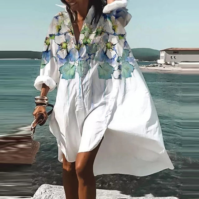 Oversized Shirt Dress Women Summer Casual Print Button Long Sleeve Loose Beach Dresses Female Elegant Bohemian Vacation Sundress