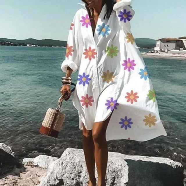 Oversized Shirt Dress Women Summer Casual Print Button Long Sleeve Loose Beach Dresses Female Elegant Bohemian Vacation Sundress