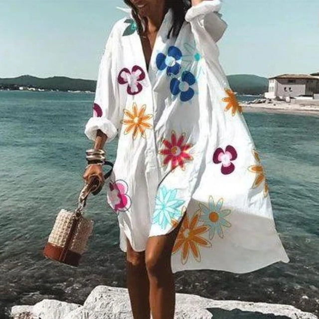 Oversized Shirt Dress Women Summer Casual Print Button Long Sleeve Loose Beach Dresses Female Elegant Bohemian Vacation Sundress