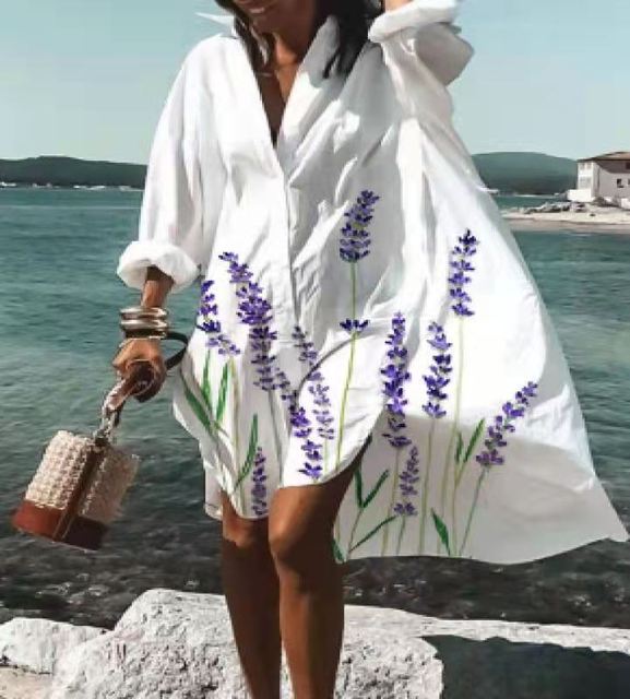 Oversized Shirt Dress Women Summer Casual Print Button Long Sleeve Loose Beach Dresses Female Elegant Bohemian Vacation Sundress