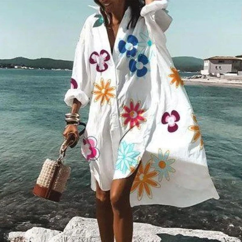 Oversized Shirt Dress Women Summer Casual Print Button Long Sleeve Loose Beach Dresses Female Elegant Bohemian Vacation Sundress