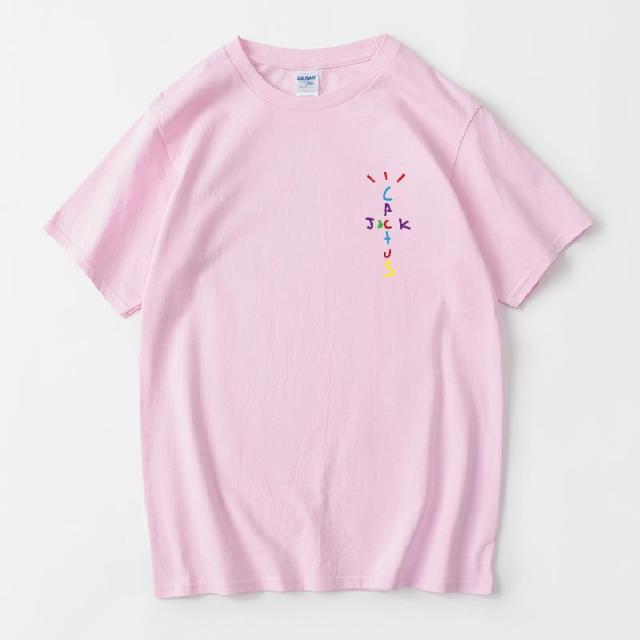 Rapper Travis Scott Cactus Jack Rainbow Alphabet Print T-Shirt Hip Hop Quality Cotton Short Sleeves Men Women Oversized Tops