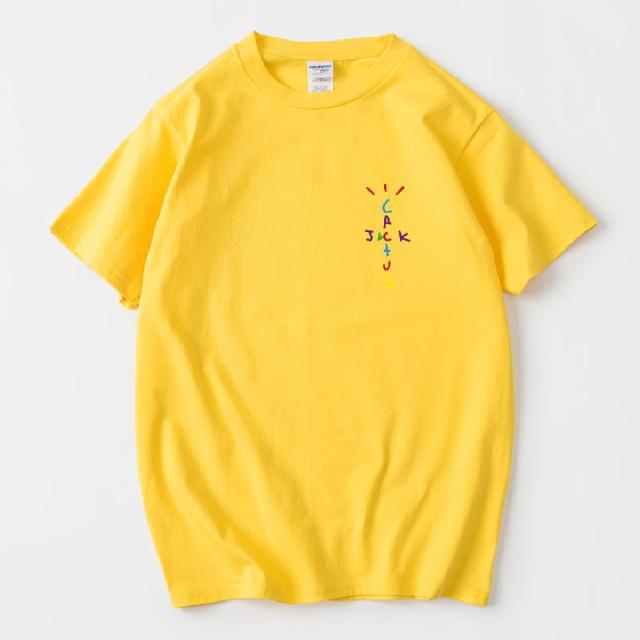 Rapper Travis Scott Cactus Jack Rainbow Alphabet Print T-Shirt Hip Hop Quality Cotton Short Sleeves Men Women Oversized Tops
