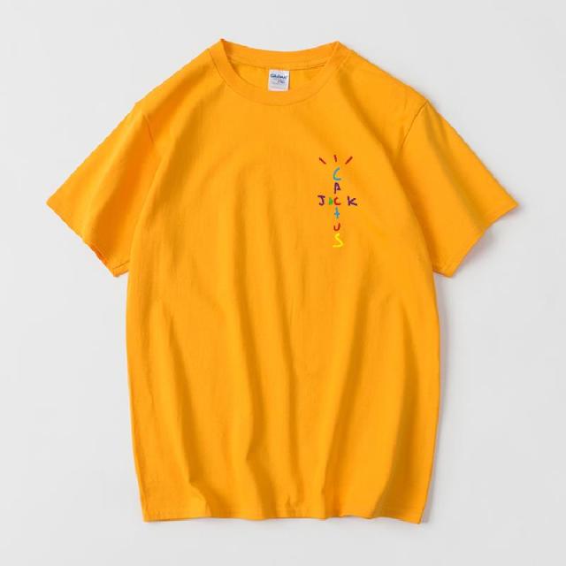 Rapper Travis Scott Cactus Jack Rainbow Alphabet Print T-Shirt Hip Hop Quality Cotton Short Sleeves Men Women Oversized Tops