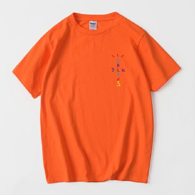Rapper Travis Scott Cactus Jack Rainbow Alphabet Print T-Shirt Hip Hop Quality Cotton Short Sleeves Men Women Oversized Tops