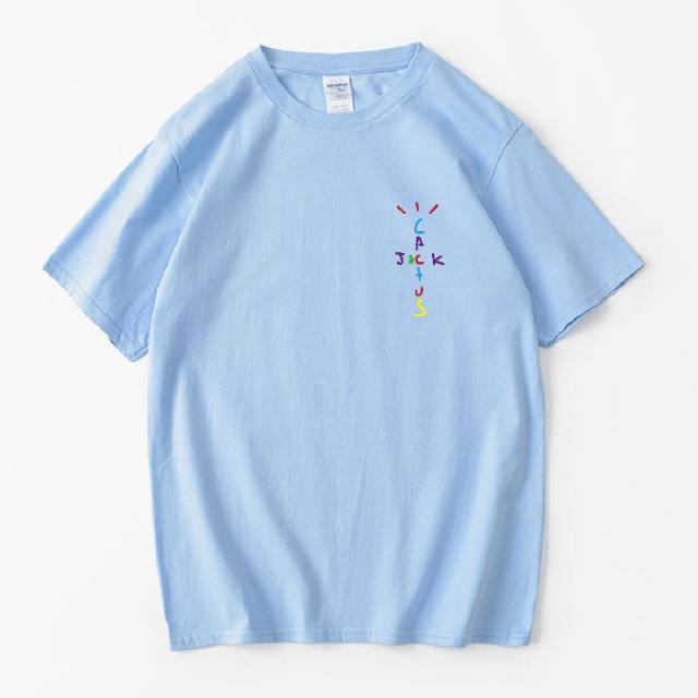 Rapper Travis Scott Cactus Jack Rainbow Alphabet Print T-Shirt Hip Hop Quality Cotton Short Sleeves Men Women Oversized Tops