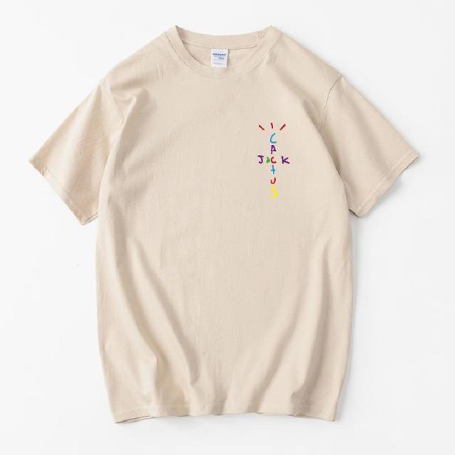Rapper Travis Scott Cactus Jack Rainbow Alphabet Print T-Shirt Hip Hop Quality Cotton Short Sleeves Men Women Oversized Tops
