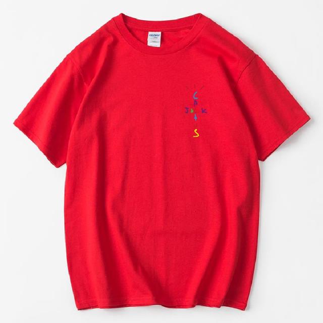 Rapper Travis Scott Cactus Jack Rainbow Alphabet Print T-Shirt Hip Hop Quality Cotton Short Sleeves Men Women Oversized Tops
