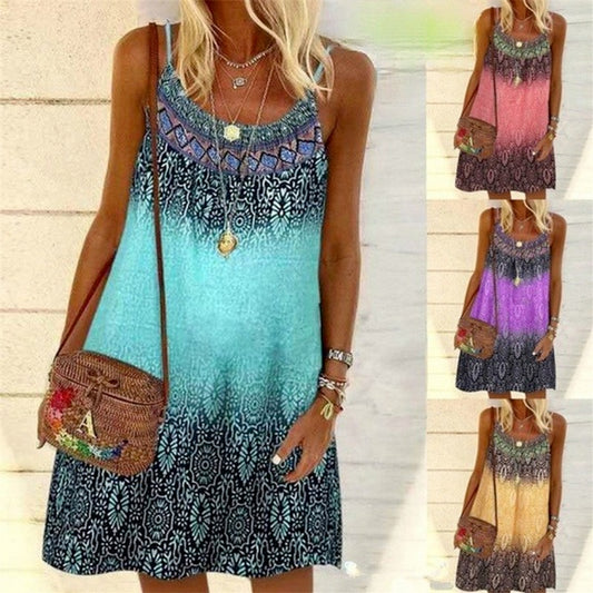 2022 Summer Vintage Printed Women Dress Spaghetti Strap Sundress Loose Sleeveless O-neck Mini Beach Dresses Female Vestidos