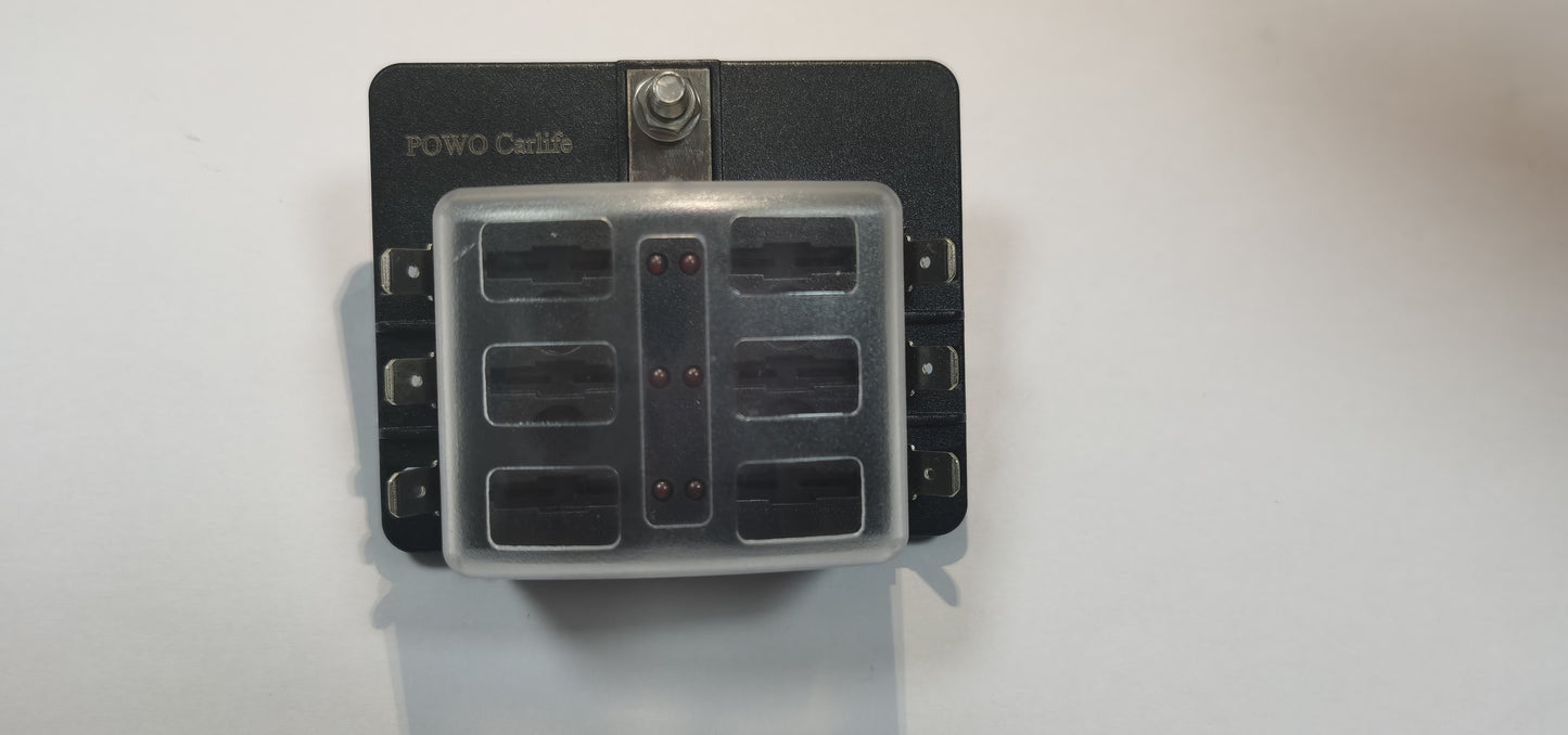 POWO Carlife Car modification 6-way fuse box with positive and negative fuse holders LED lamp stud connection multi-way fuse box