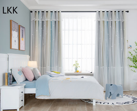 LKK Double-Layer Curtains, Mix Cut Out Star Drapery with Eyelet for Living Room, Kids Room, Darkening & Energy Saving - 2PCS 46x54, Yellow & Blue