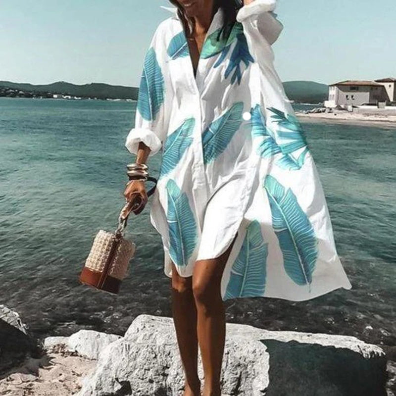 Oversized Shirt Dress Women Summer Casual Print Button Long Sleeve Loose Beach Dresses Female Elegant Bohemian Vacation Sundress