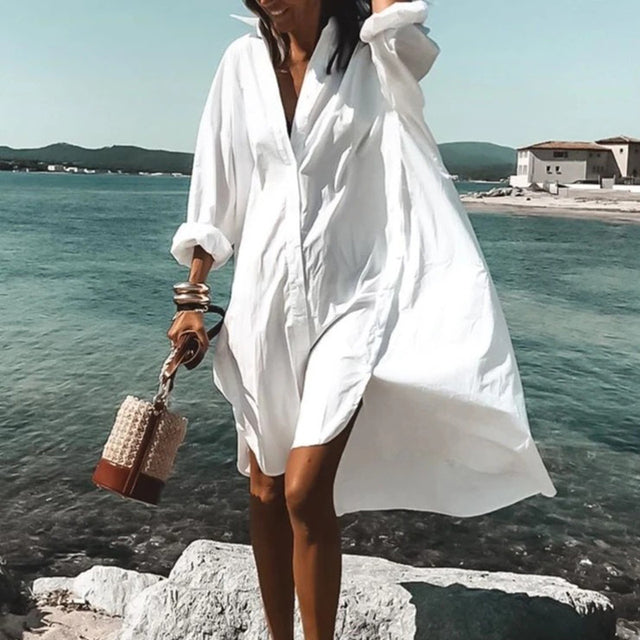 Oversized Shirt Dress Women Summer Casual Print Button Long Sleeve Loose Beach Dresses Female Elegant Bohemian Vacation Sundress