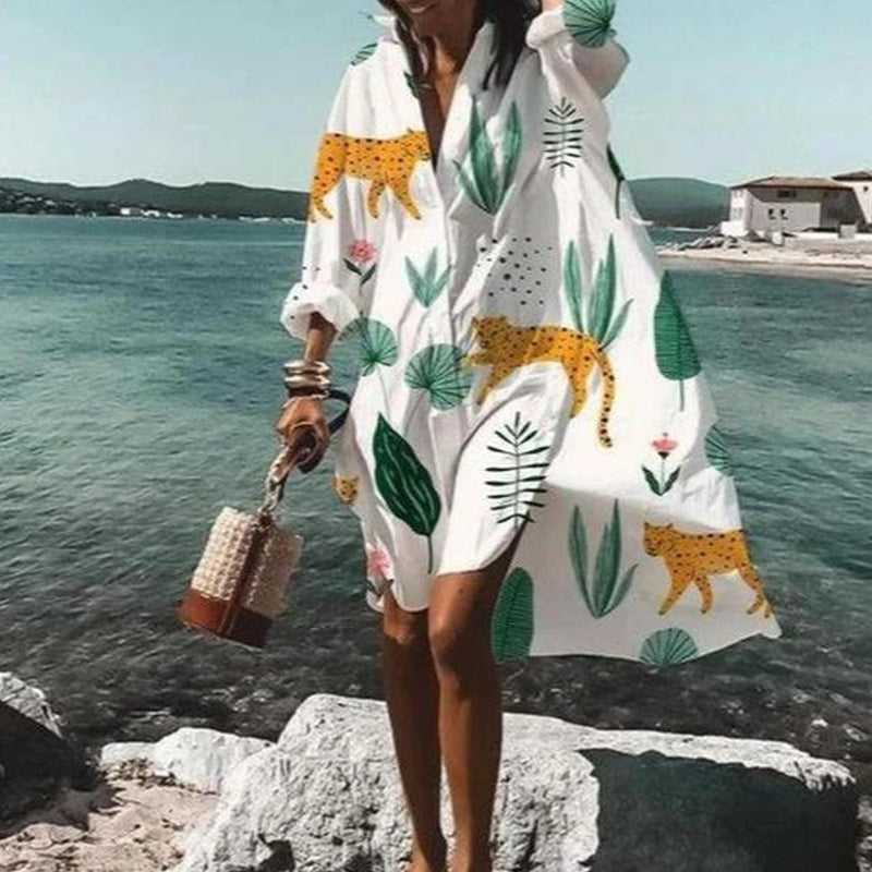Oversized Shirt Dress Women Summer Casual Print Button Long Sleeve Loose Beach Dresses Female Elegant Bohemian Vacation Sundress
