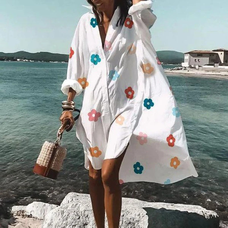 Oversized Shirt Dress Women Summer Casual Print Button Long Sleeve Loose Beach Dresses Female Elegant Bohemian Vacation Sundress