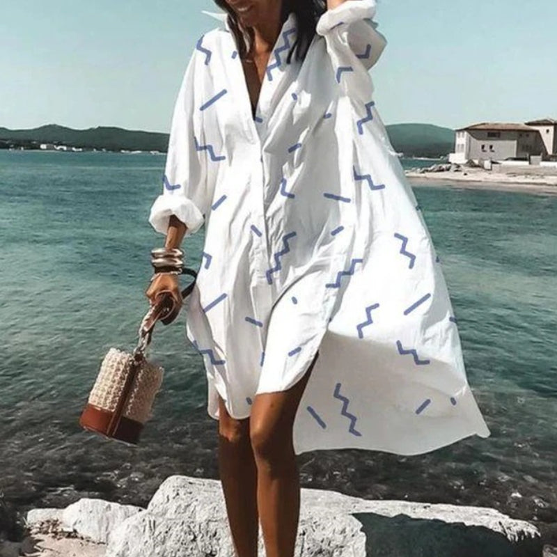Oversized Shirt Dress Women Summer Casual Print Button Long Sleeve Loose Beach Dresses Female Elegant Bohemian Vacation Sundress